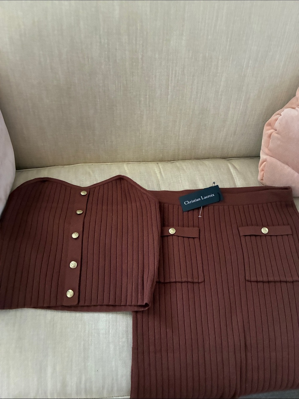 Christian Lacroix Ribbed Button Front Strapless Top & Skirt Set - NWT